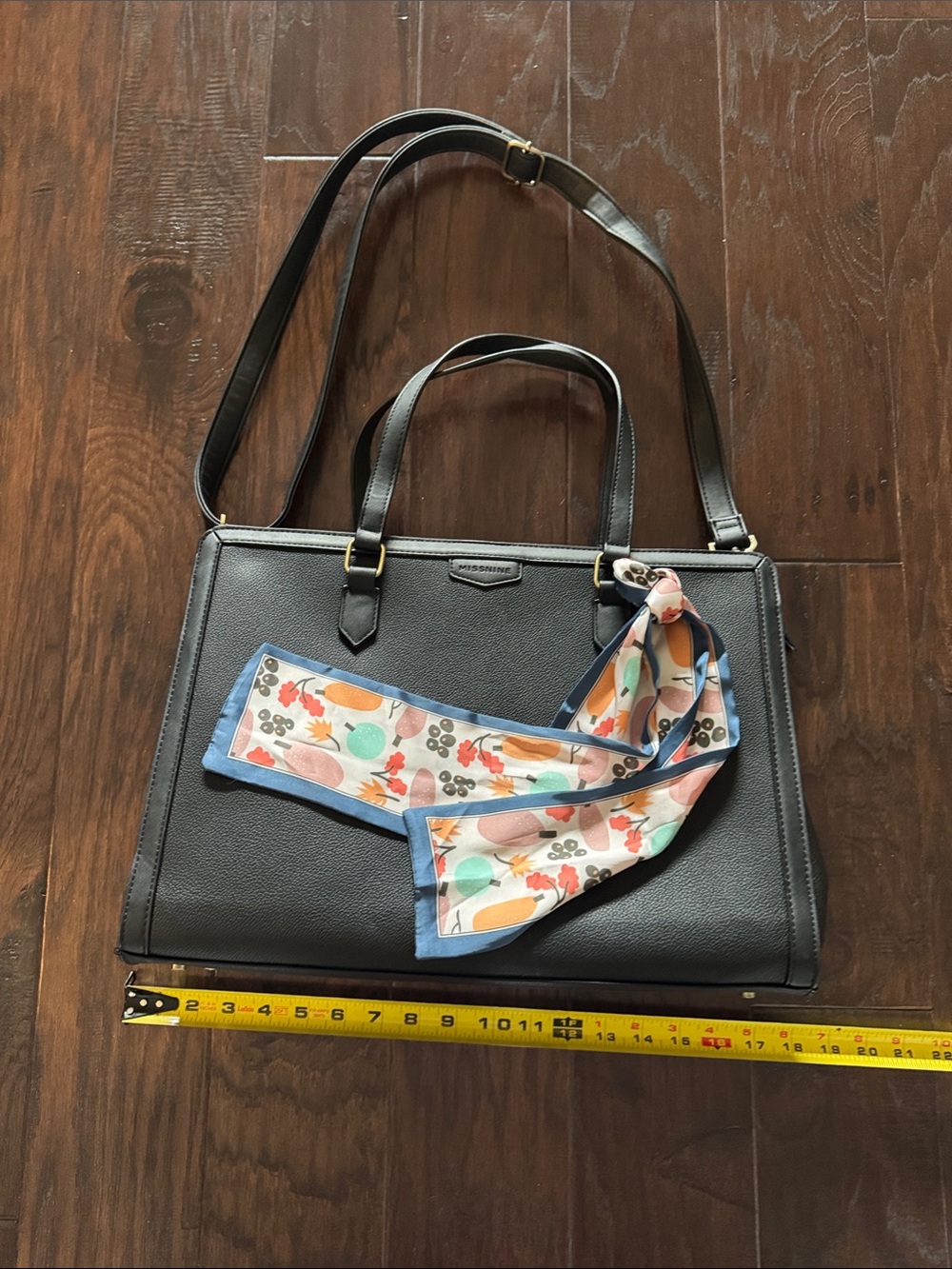 Black Structured Laptop Tote with Floral Accent Scarf - Picture 4 of 8